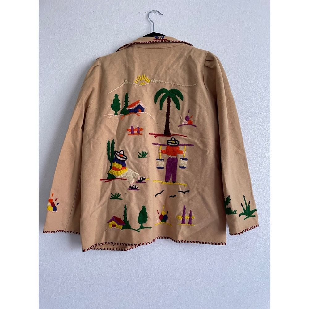 Vintage 1950s Souvenir Jacket Wool Mexican Folk Art Hand Embroidered Women L Tan
